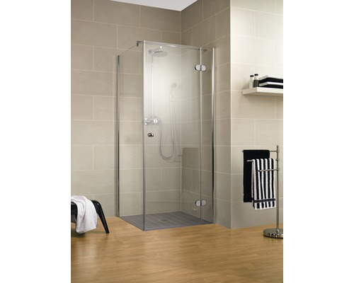 Porte de douche avec paroi latérale SCHULTE MasterClass ExpressPlus 90 x 90 cm couleur du profilé chrome décor de vitre verre transparent avec verre antitache butée de porte à droite butée de paroi latérale à gauche