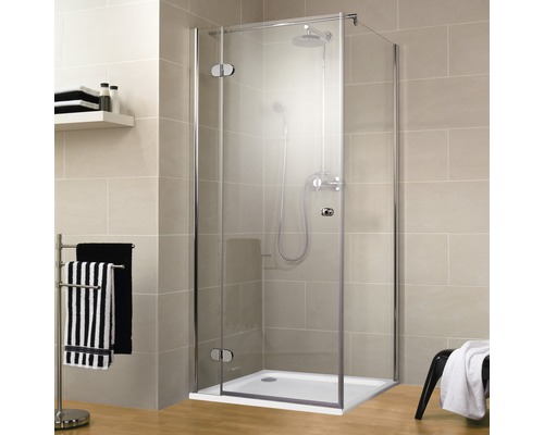 Porte de douche avec paroi latérale SCHULTE MasterClass ExpressPlus 90 x 90 cm couleur du profilé chrome décor de vitre verre transparent avec verre antitache butée de porte à gauche butée de paroi latérale à droite