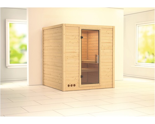 Sauna en bois massif Karibu Wojave sans poêle ni couronne, avec porte entièrement vitrée en verre transparent