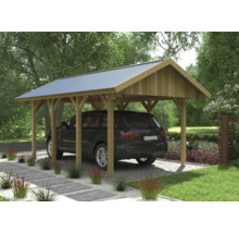 Holzcarport mit Metalldach und darunter geparktem Auto