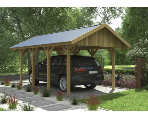 Carport en bois avec toit métallique et voiture garée en dessous