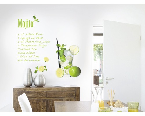 Sticker mural avec recette de mojito et représentation de verre dans le salon