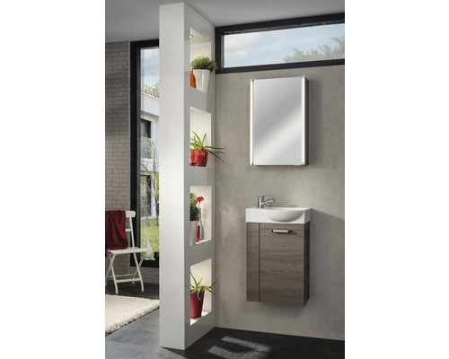 Badezimmer mit Waschtisch, Spiegelschrank und Raumteiler mit Regalen