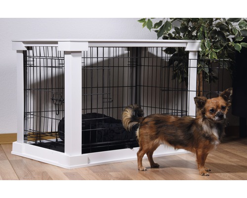 Cage pour chien avec structure en treillis et cadre blanc avec chien