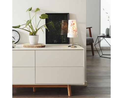 Kommode mit Tischlampe, Zimmerpflanze und Bild im Wohnraum