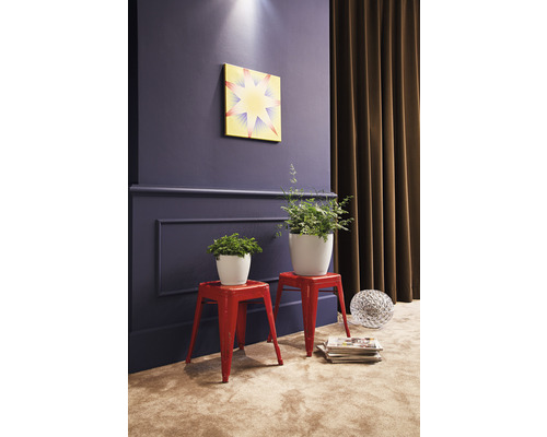 Salon décoratif avec plantes en pot sur des tabourets, décoration murale et rideaux