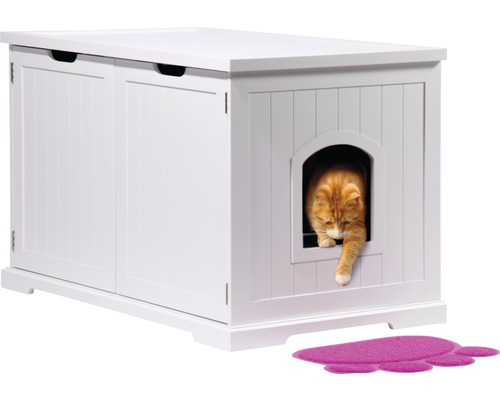 Chat entrant dans une litière blanche avec porte et tapis de sol