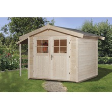 Abri de jardin en bois avec double porte et fenêtres dans le jardin