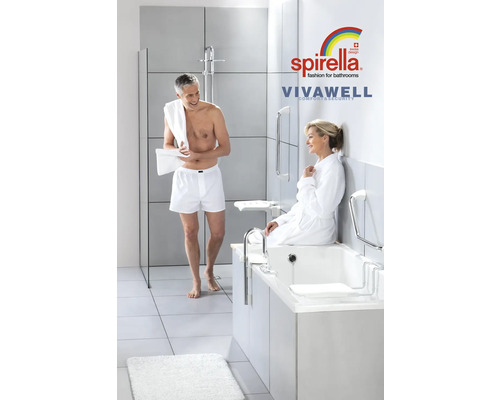 Barrierefreies Badezimmer mit Badewanne, Haltegriffen und Dusche.