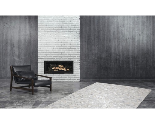 Salon avec fauteuil, cheminée et tapis