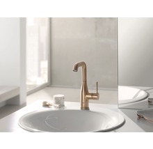 Un robinet doré est posé sur un lavabo.