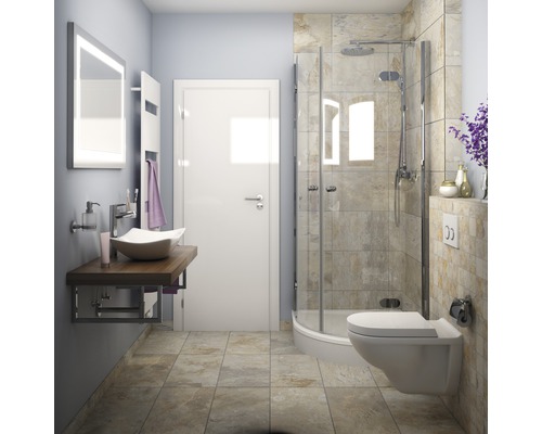 Salle de bain lumineuse avec douche, lavabo et toilettes.