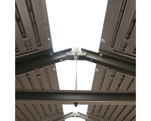 Vue détaillée de l''intérieur d''un abri de jardin avec structure de toit et cadre en acier