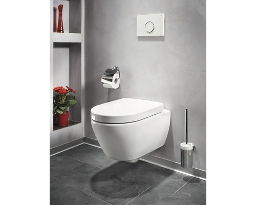 WC suspendu dans une salle de bains avec porte-papier toilette, plaque de commande et brosse de toilette