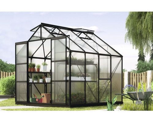 Gewächshaus Vitavia Jupiter 6700 Hohlkammerplatten 4 mm 257x258 cm schwarz Gewächshaus mit Regalen und Gartenzubehör im Garten