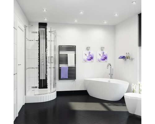 Salle de bains lumineuse avec douche, baignoire, sèche-serviettes et sol carrelé foncé.