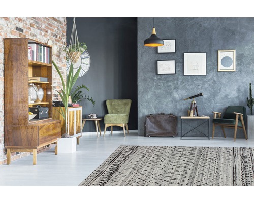 Wohnzimmer mit gemusterter Teppichauslage, Holzschrank und Sitzmöbeln