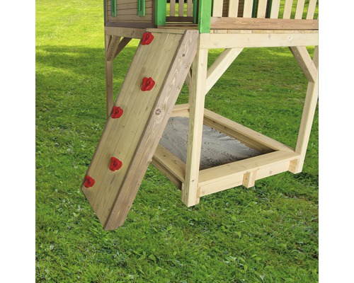 Vue détaillée d''une tour de jeux avec mur d''escalade et bac à sable