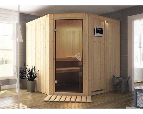 Sauna modulaire Karibu Jarina sans poêle avec couronne et porte vitrée coloris bronze