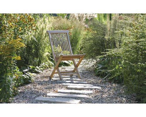 Jardin avec chaise de jardin en bois et passerelle