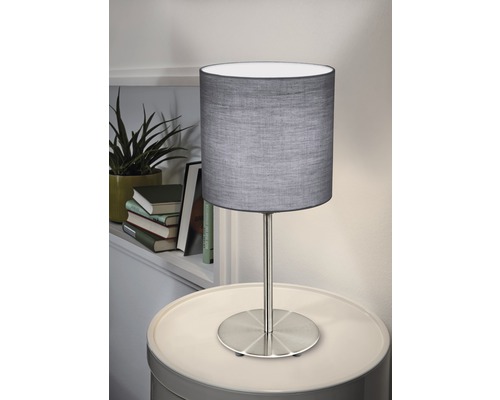 Lampe de table métal/textile 1 ampoule hxØ 400x180 mm mm Pasteri nickel mat/gris avec interrupteur intermédiaire à cordon