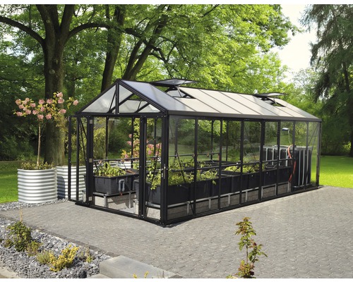Serre avec plantation dans le jardin