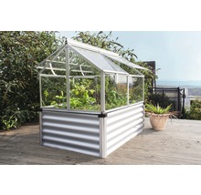 Gewächshaus mit Hochbeet aus Metall und Pflanzen auf einer Holzterrasse