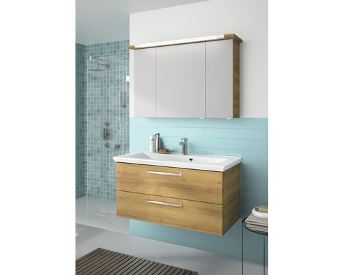 Modernes Badezimmer mit Waschtischunterschrank, Waschbecken und Spiegelschrank