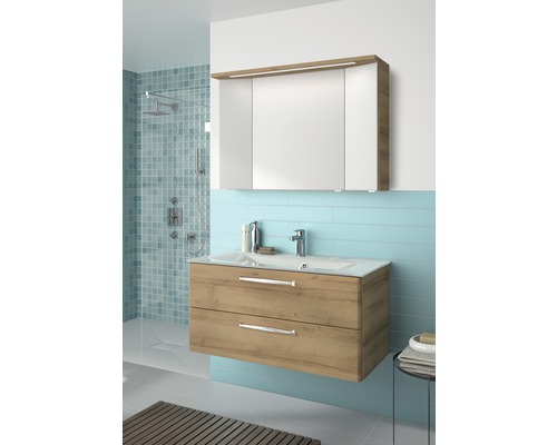 Modernes Badezimmer mit Waschtischunterschrank, Aufsatzwaschbecken und Spiegelschrank