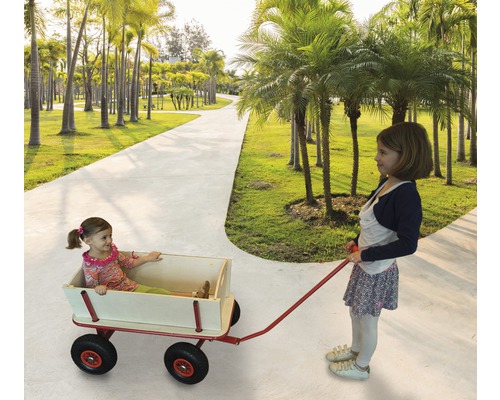 Mädchen zieht einen Bollerwagen durch einen Park