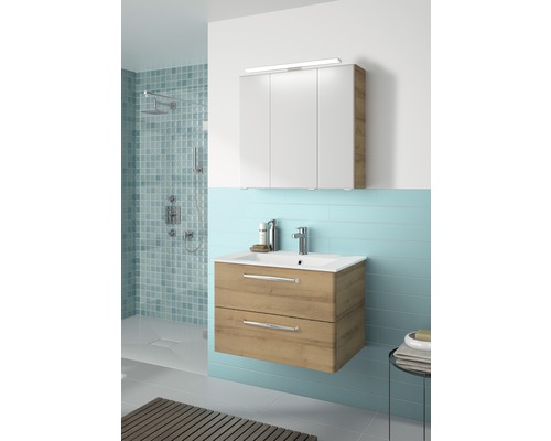 Salle de bain moderne avec meuble sous-lavabo, lavabo et armoire de toilette