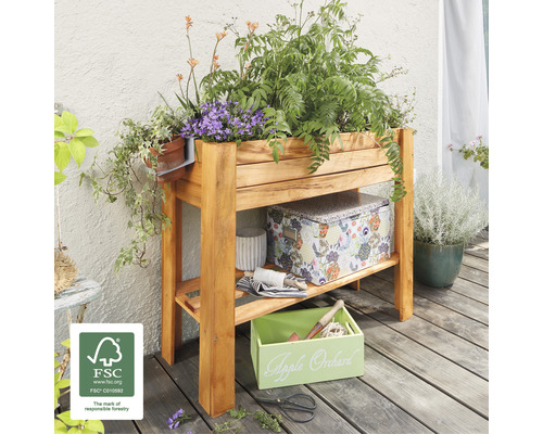 Hochbeet aus Holz mit Pflanzen und Gartenutensilien