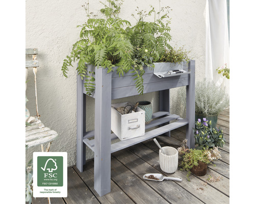 Jardinière surélevée en bois avec deux étagères et plantes