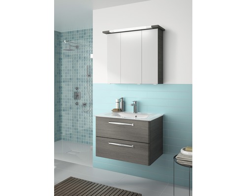 Badezimmer mit Waschtischunterschrank, Waschbecken und Spiegelschrank