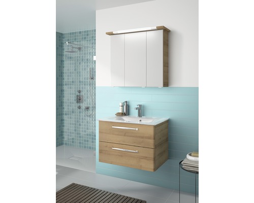 Badezimmer mit Waschtischunterschrank, Waschbecken und Spiegelschrank