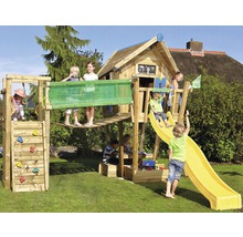 Spielanlage aus Holz mit Rutsche, Kletterwand und Spielhaus für Kinder im Garten
