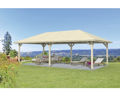 Pavillon SKAN HOLZ Orleans 3 mit Pfostenanker 916 x 504 cm natur Holzpavillon mit Gartenmöbeln und Liegestühlen im Aussenbereich