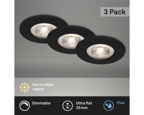 Kit de spots à encastrer LED plastique IP44 3 pces à intensité lumineuse  variable 3x5W 3x460 lm 3000 K blanc chaud Kulana noir Ø 90/68 mm 230V -  HORNBACH Luxembourg