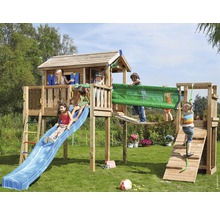 Cabane sur pilotis Jungle Gym Playhouse en bois avec pont, toboggan de couleur bleue