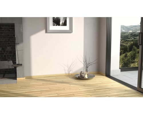 Intérieur avec plancher en bois, cheminée et vue sur la verdure