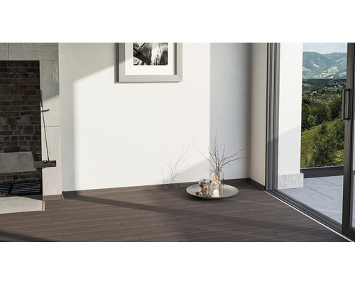 Intérieur avec plancher en bois foncé, décoration et vue sur l''extérieur