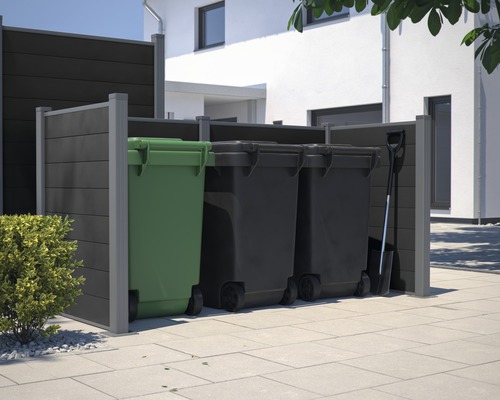 Cache-conteneurs en plastique avec trois conteneurs à déchets et pelle