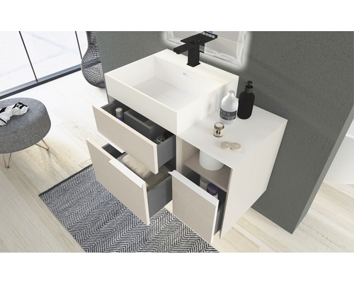 Waschtisch mit Becken, Schubladen und offenem Stauraum im Badezimmer