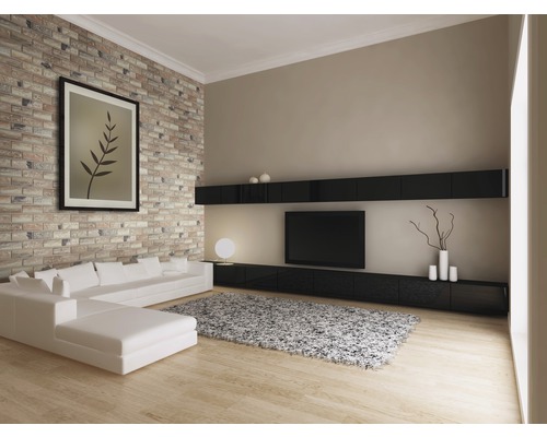 Salon avec mur de briques, canapé blanc, meuble TV noir et tapis