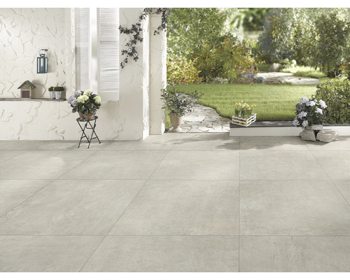 Dalle de terrasse FLAIRSTONE en grès cérame fin Garden Sand bords rectifiés 90 x 90 x 2 cm