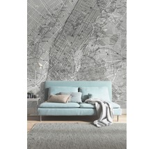 Salon avec canapé, tapis et papier peint à motif de plan de ville
