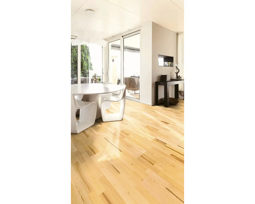 Pièce lumineuse avec parquet, table à manger et porte-fenêtre