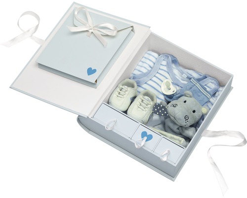 Boîte cadeau pour bébé avec vêtements, tétine, peluche et chaussures de bébé