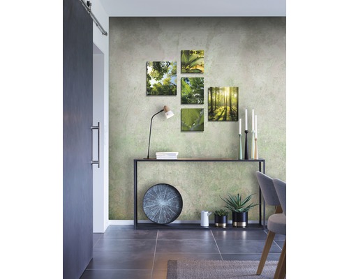 Dekoratives Interieur mit einer Konsole, einer Auswahl an Pflanzen und einer Fotokollektion mit Naturmotiven.