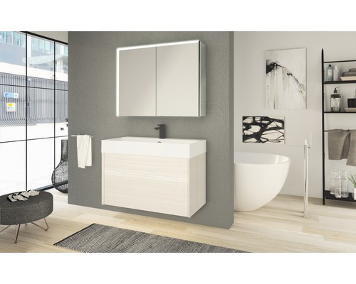 Salle de bains avec meuble sous-lavabo, vasque à poser et armoire de toilette